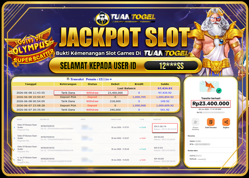 TUANTOGEL JACKPOT SLOT GATES OF OLYMPUS SUPER SCATTER Rp23.400.000, - LUNAS